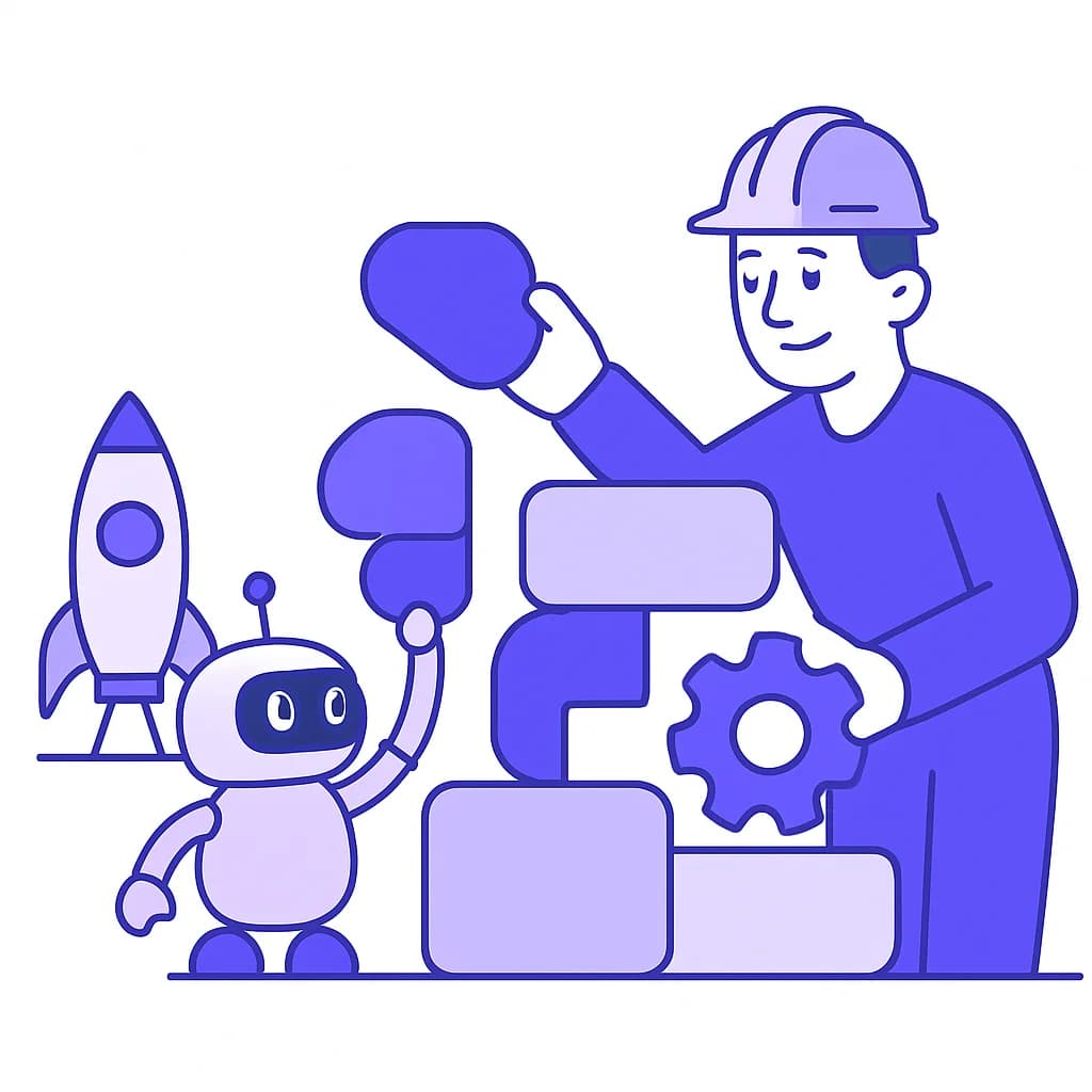 エンジニアとロボットがAIの仕組みを組み立てるイラスト