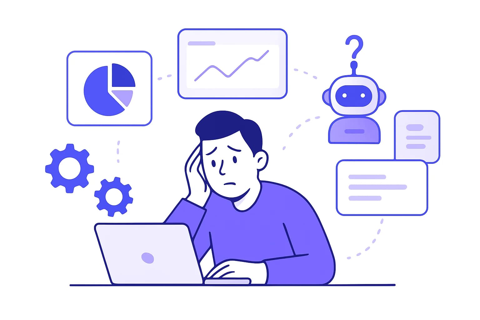 AIを使いたいが、社内に担当できる人がいない状況のイラスト