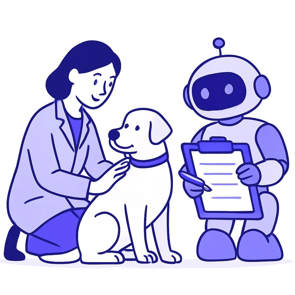 獣医師の診療をAIアシスタントが問診情報で支援するイラスト